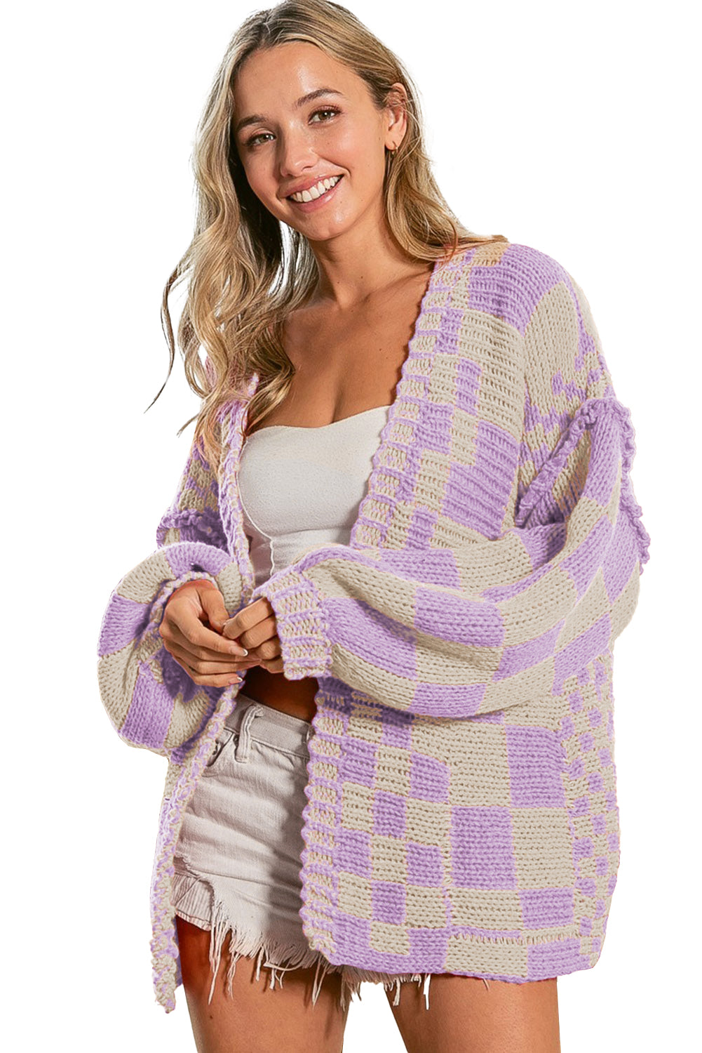 Dark Brown Colorblock Checked Loose Fit Open Front Knitted Cardigan