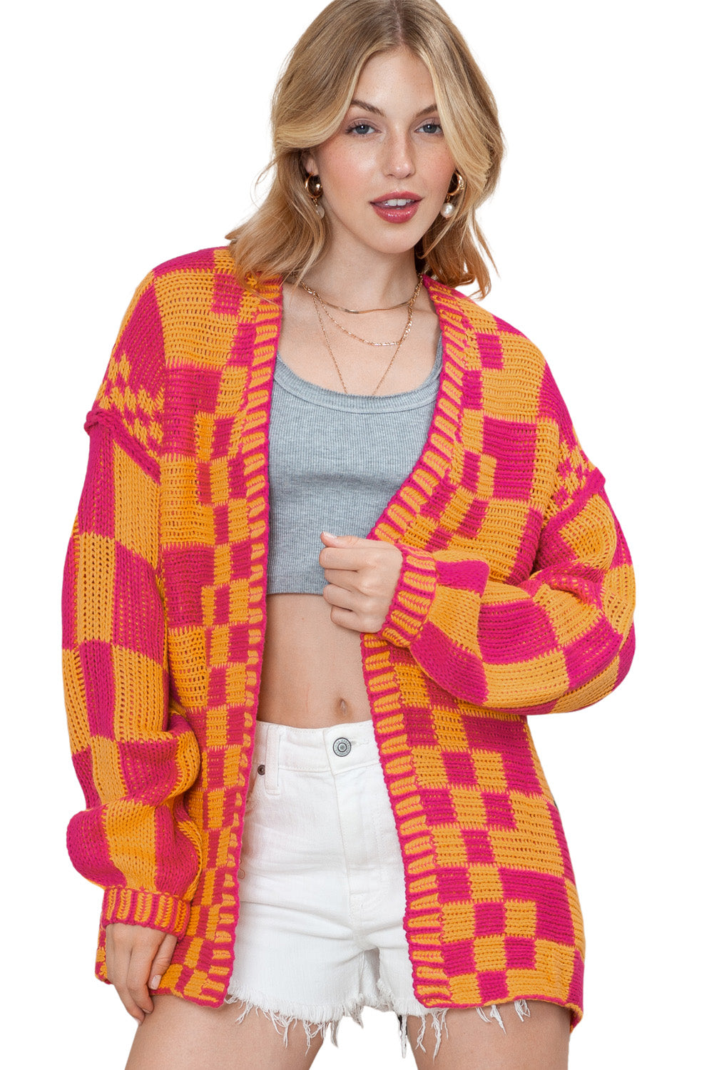 Dark Brown Colorblock Checked Loose Fit Open Front Knitted Cardigan