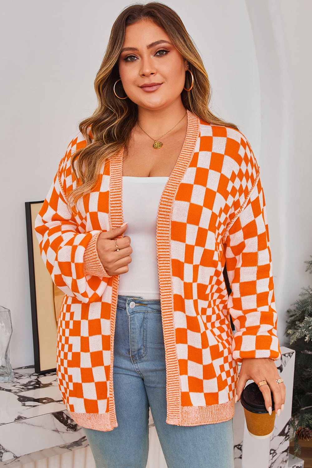 Black Checkered Plus Size Drop Shoulder Knit Cardigan
