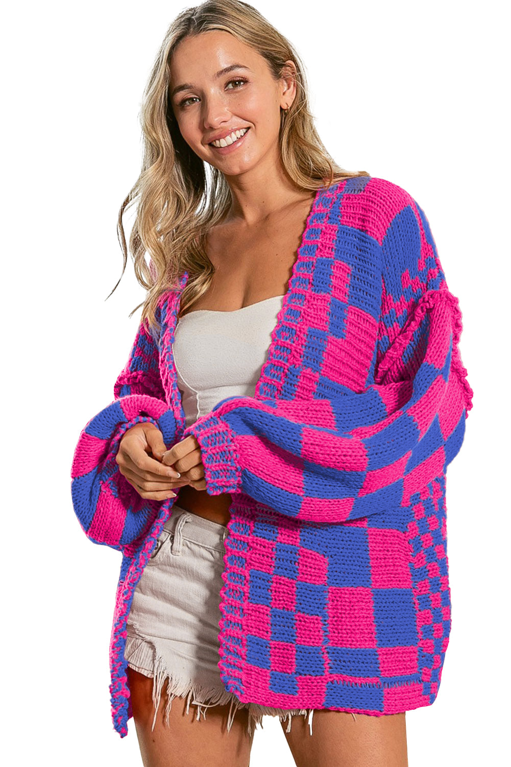 Dark Brown Colorblock Checked Loose Fit Open Front Knitted Cardigan