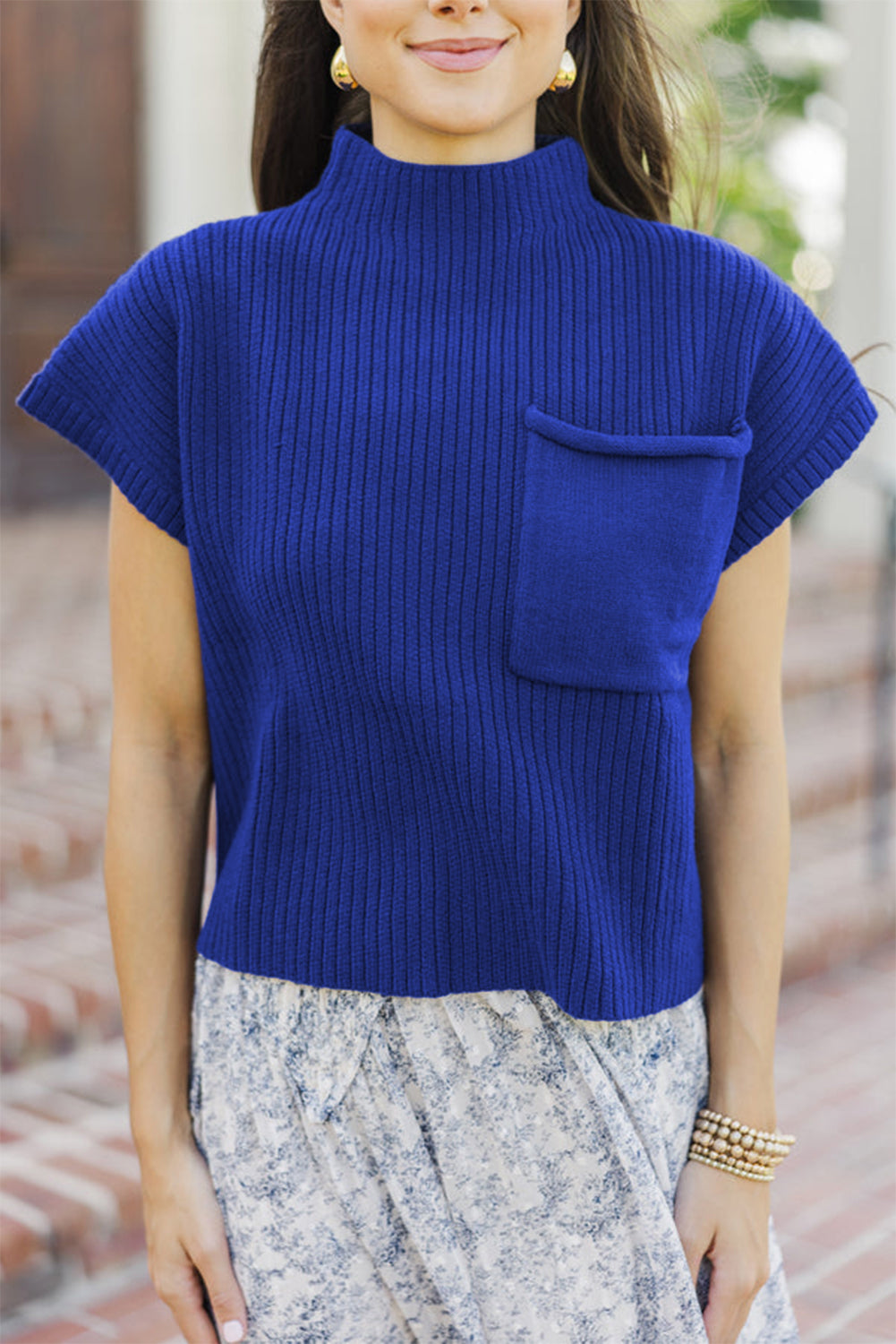 Black Patch Pocket Ribbed Knit Short Sleeve Sweater