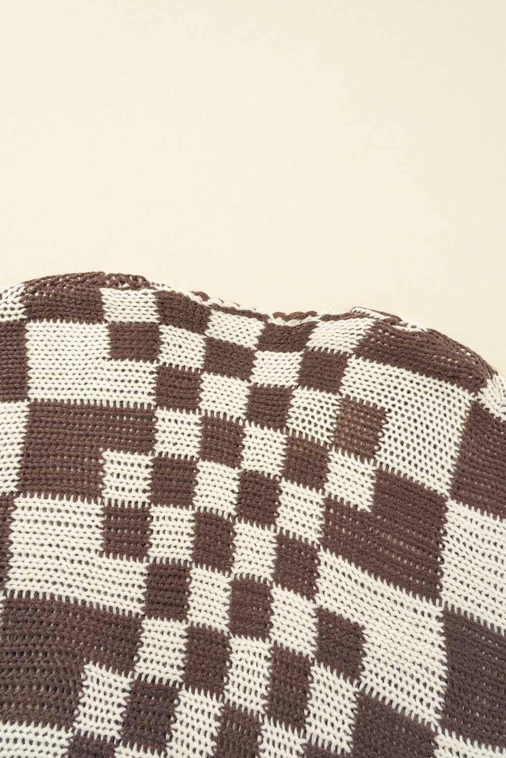 Dark Brown Colorblock Checked Loose Fit Open Front Knitted Cardigan