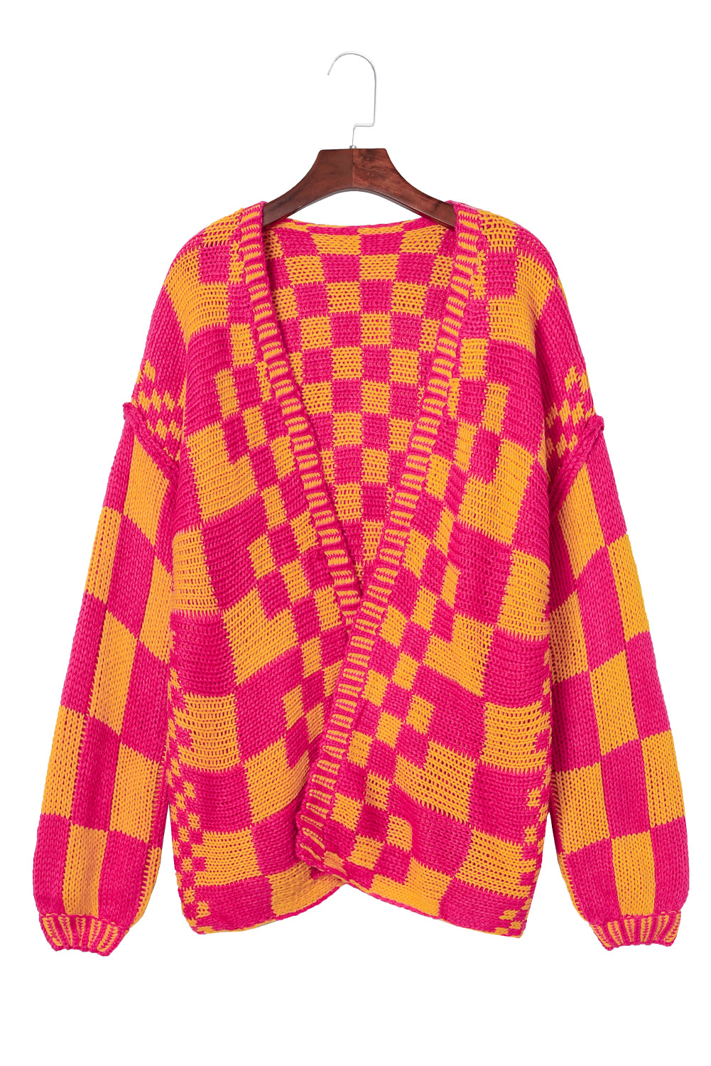 Dark Brown Colorblock Checked Loose Fit Open Front Knitted Cardigan