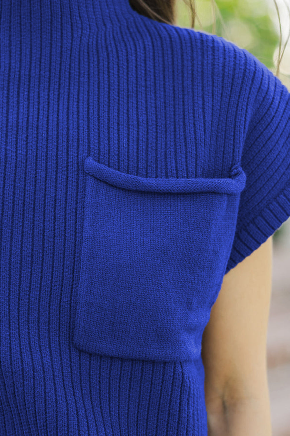 Black Patch Pocket Ribbed Knit Short Sleeve Sweater