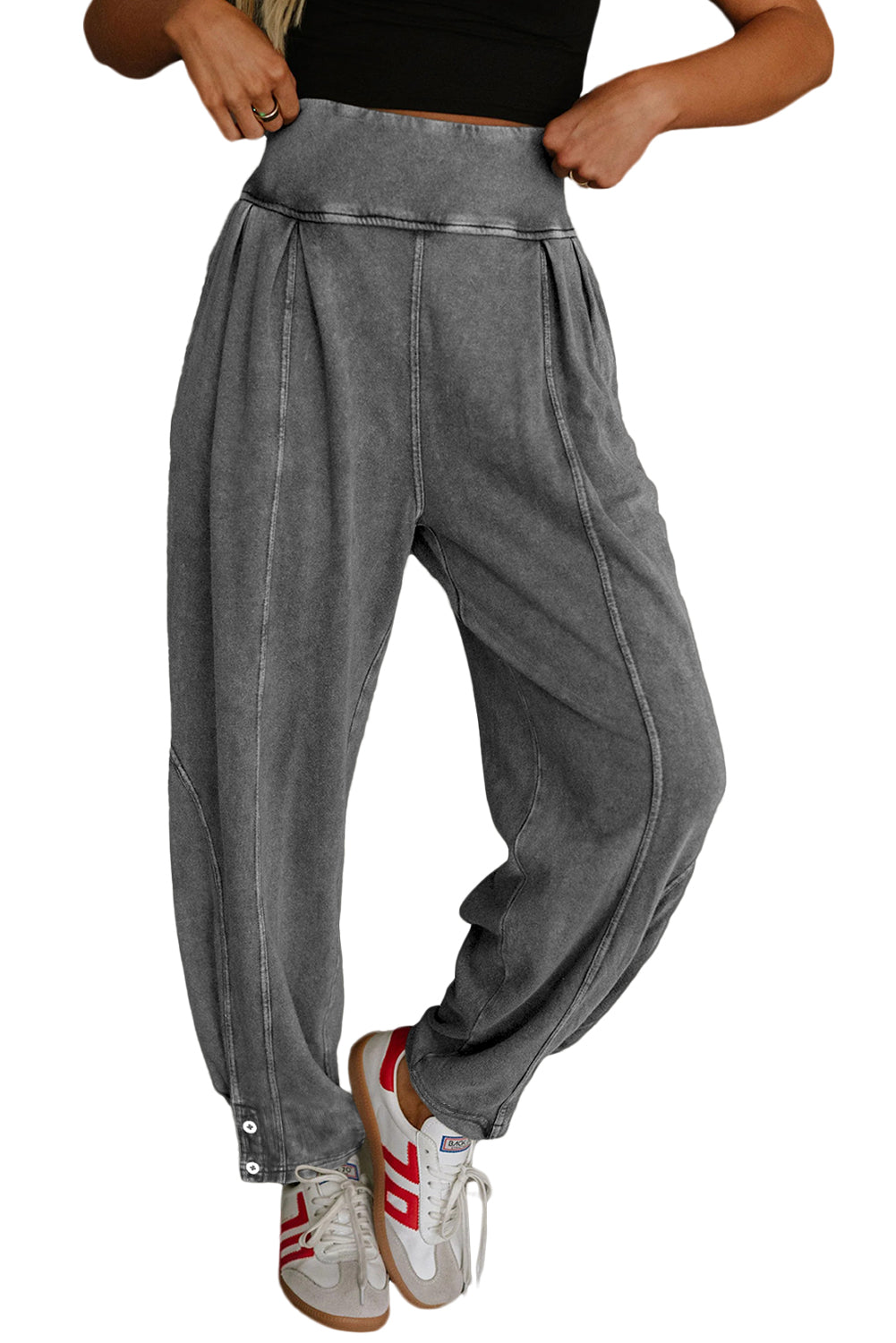 Medium Grey Mineral Wash Jogger Style High Waist Pants
