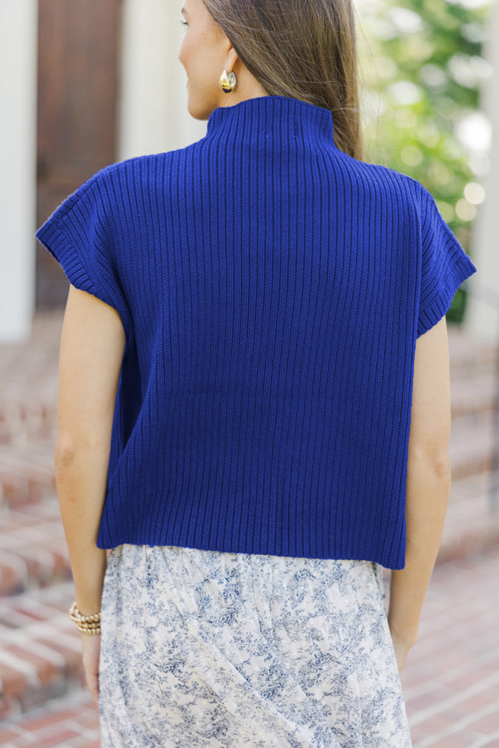 Black Patch Pocket Ribbed Knit Short Sleeve Sweater
