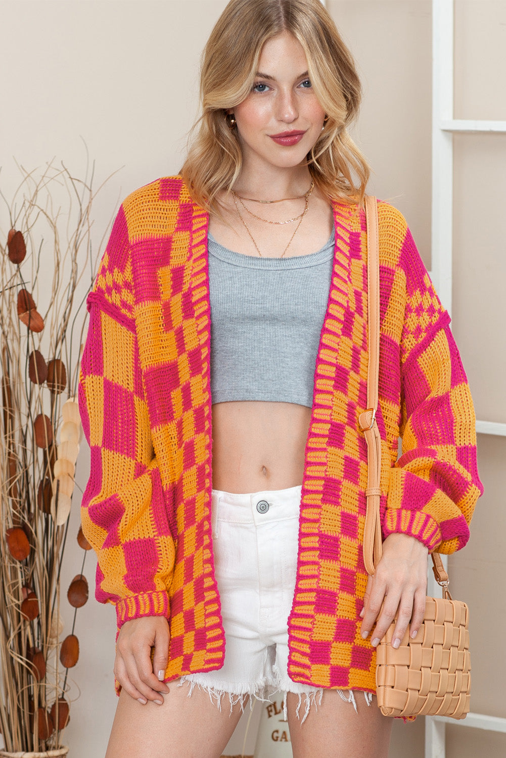 Dark Brown Colorblock Checked Loose Fit Open Front Knitted Cardigan