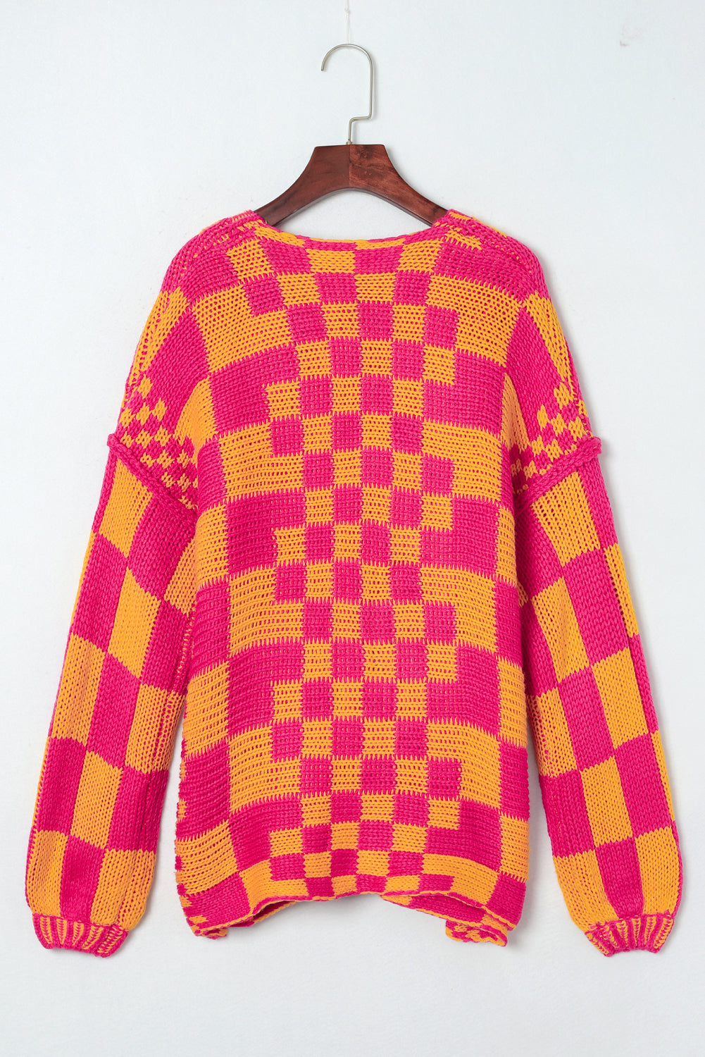Dark Brown Colorblock Checked Loose Fit Open Front Knitted Cardigan