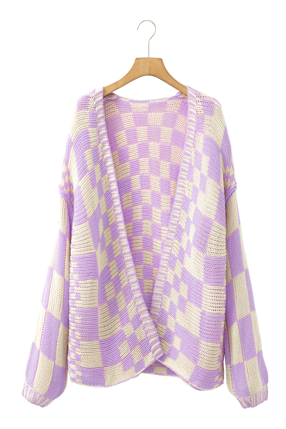 Dark Brown Colorblock Checked Loose Fit Open Front Knitted Cardigan