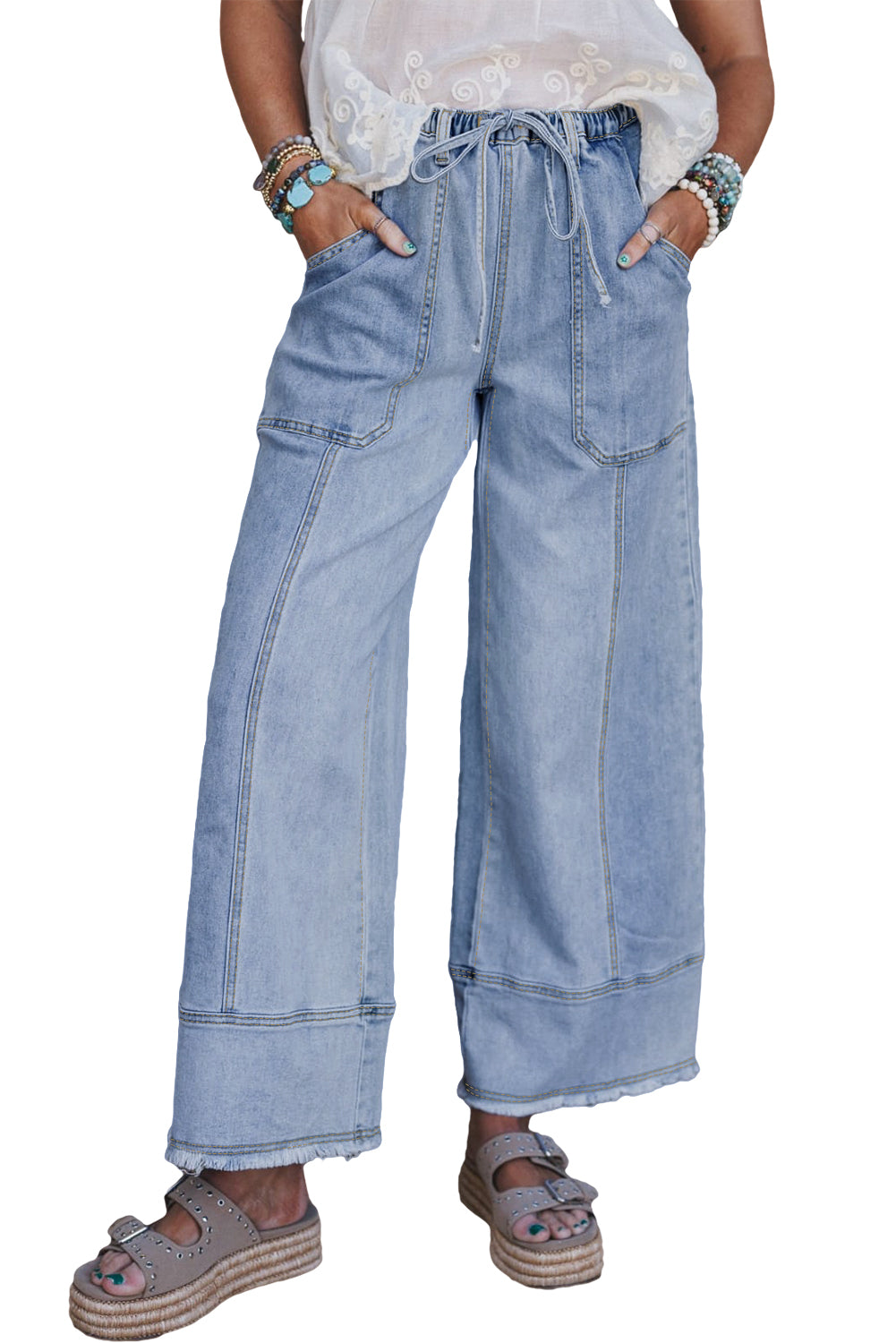 Gray Drawstring Seam Detail Raw Hem Wide Leg Jeans