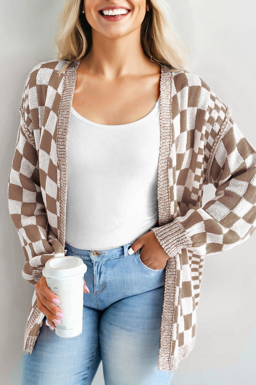 Black Checkered Plus Size Drop Shoulder Knit Cardigan