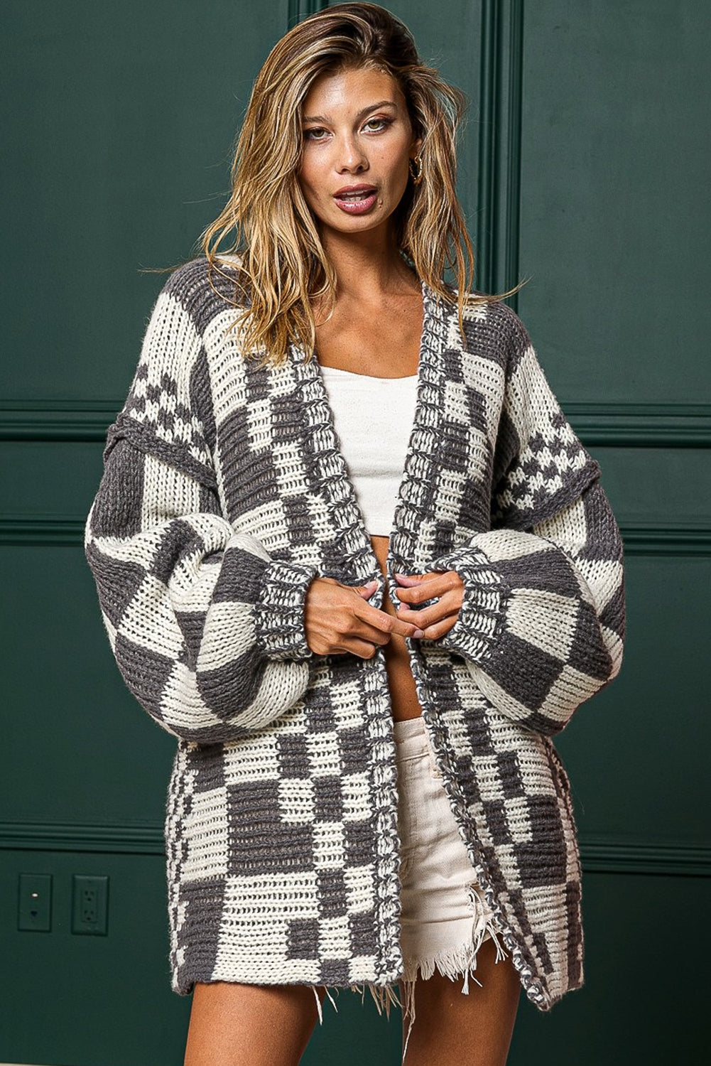 Dark Brown Colorblock Checked Loose Fit Open Front Knitted Cardigan