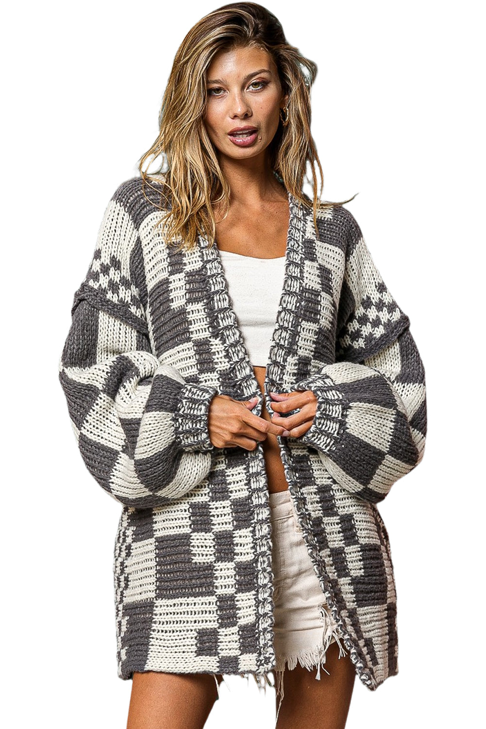Dark Brown Colorblock Checked Loose Fit Open Front Knitted Cardigan