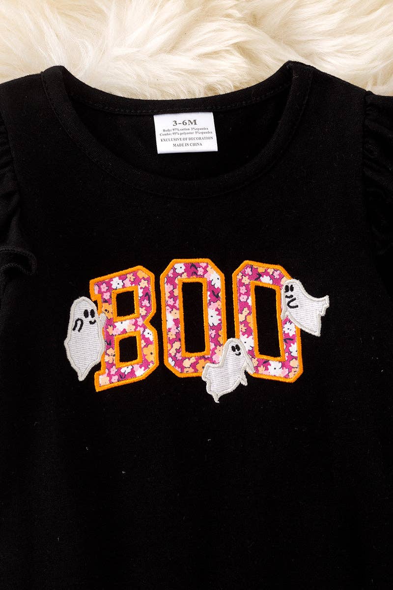 Black "BOO" Applique baby romper. RPG51595 Jean: 3-6 months