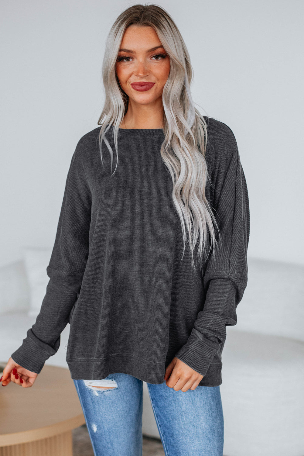 Bright Pink Ribbed Plain Long Sleeve Loose Top