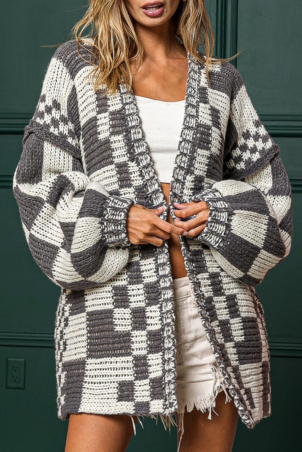 Dark Brown Colorblock Checked Loose Fit Open Front Knitted Cardigan