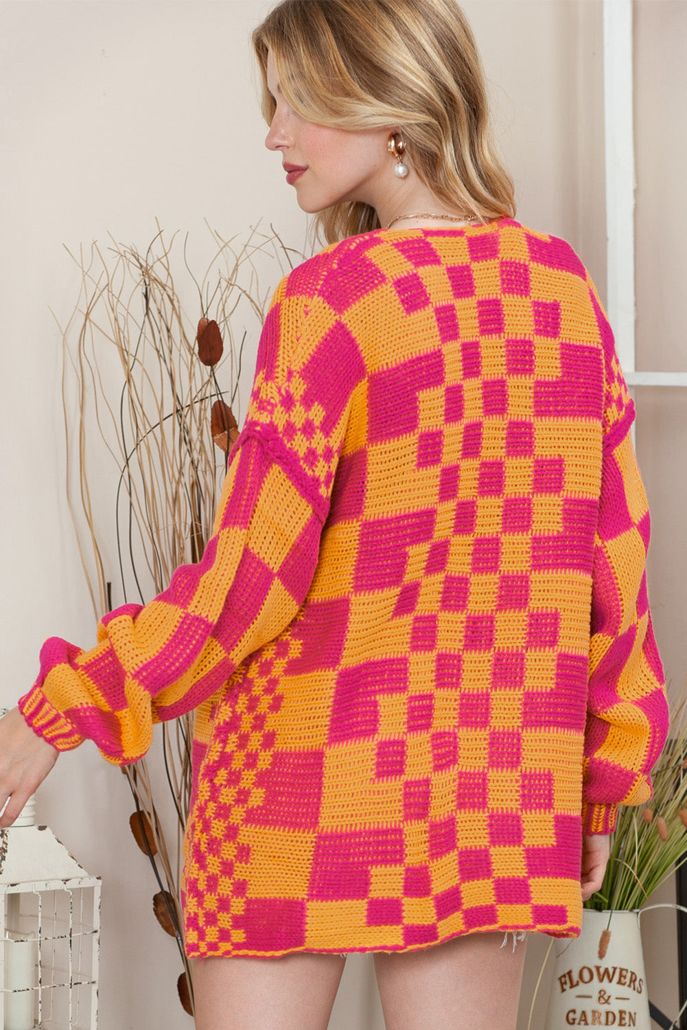 Dark Brown Colorblock Checked Loose Fit Open Front Knitted Cardigan