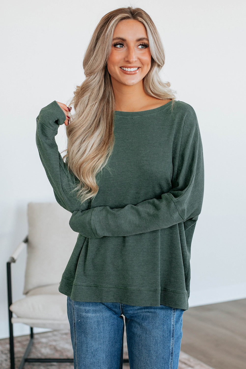 Bright Pink Ribbed Plain Long Sleeve Loose Top