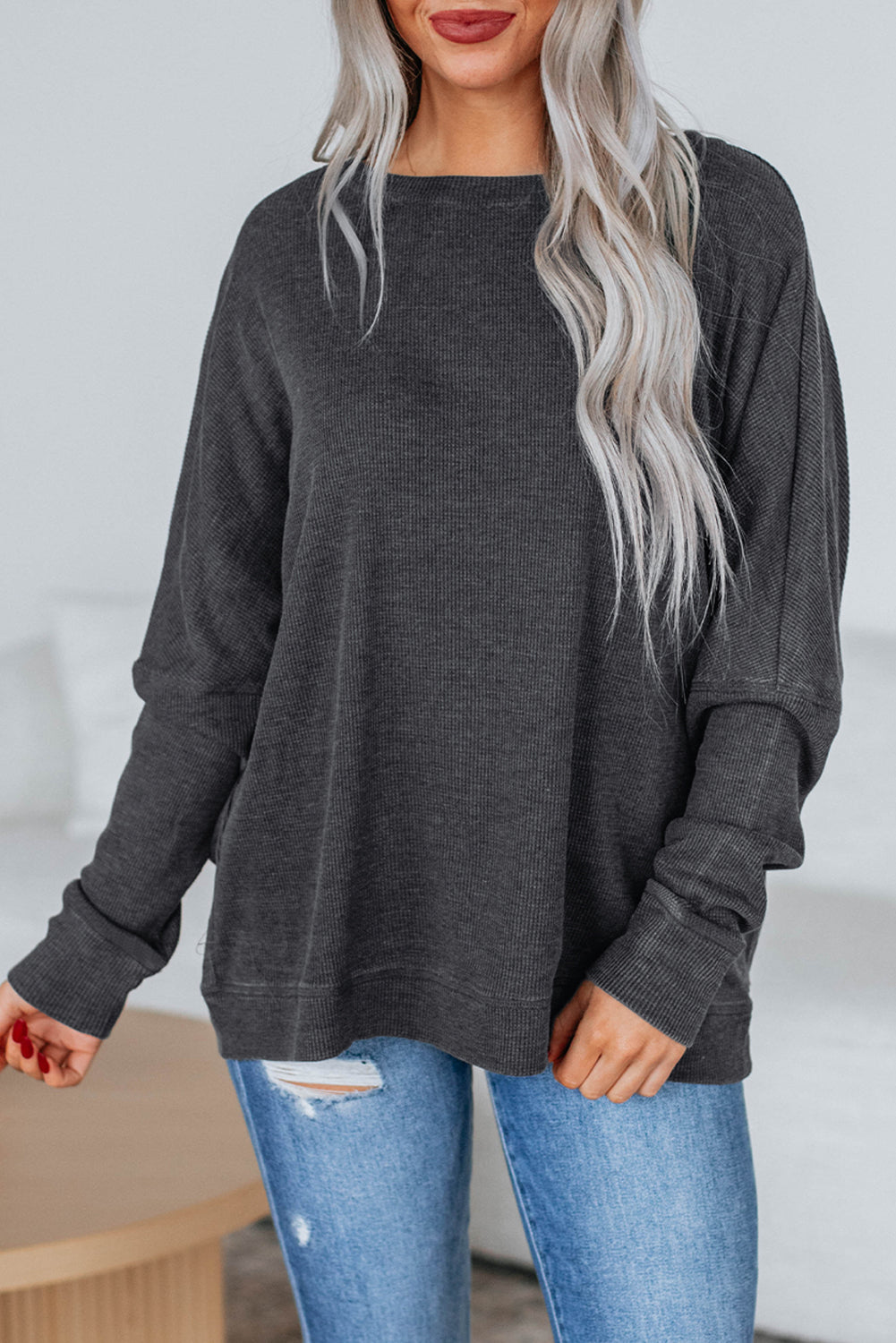Bright Pink Ribbed Plain Long Sleeve Loose Top