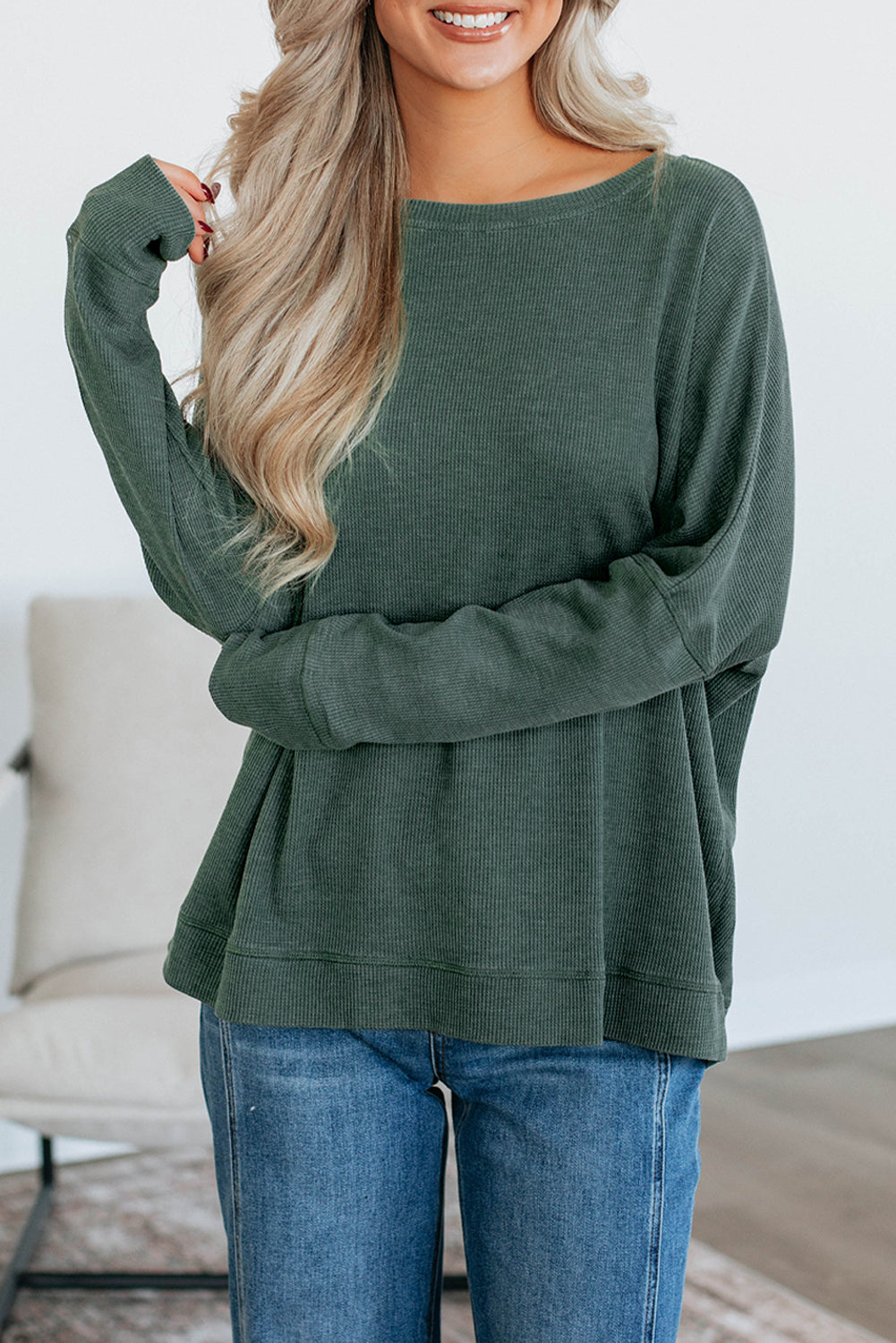 Bright Pink Ribbed Plain Long Sleeve Loose Top