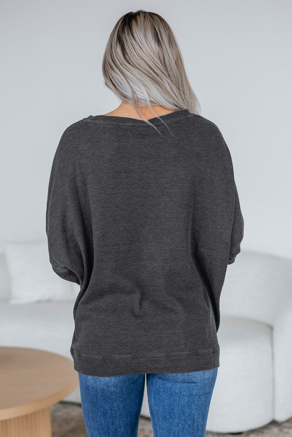 Bright Pink Ribbed Plain Long Sleeve Loose Top