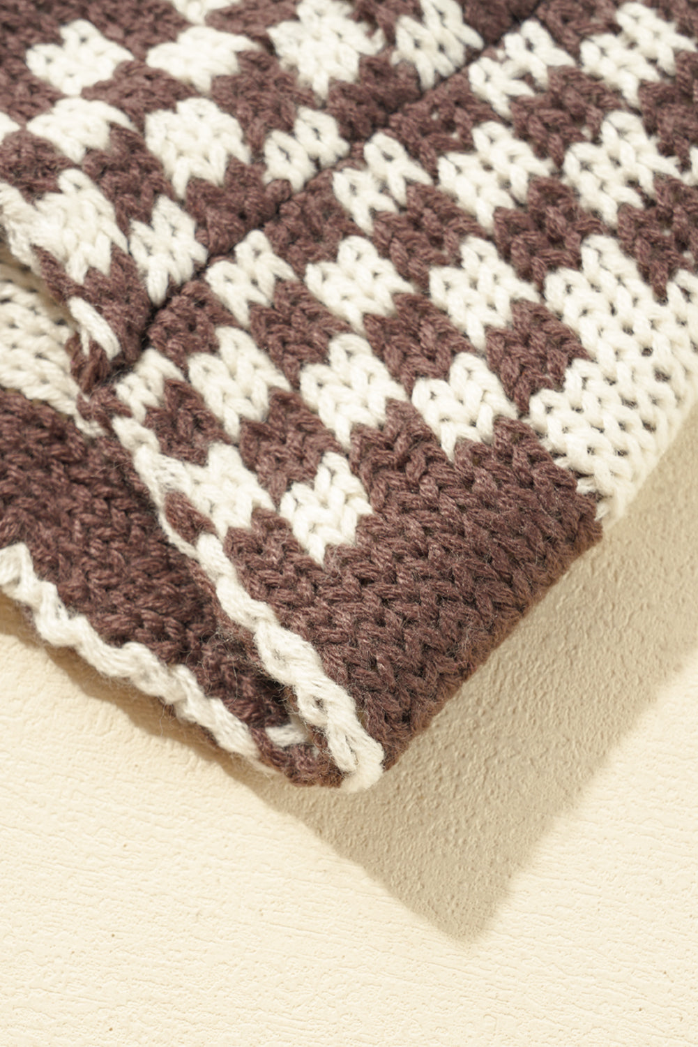 Dark Brown Colorblock Checked Loose Fit Open Front Knitted Cardigan