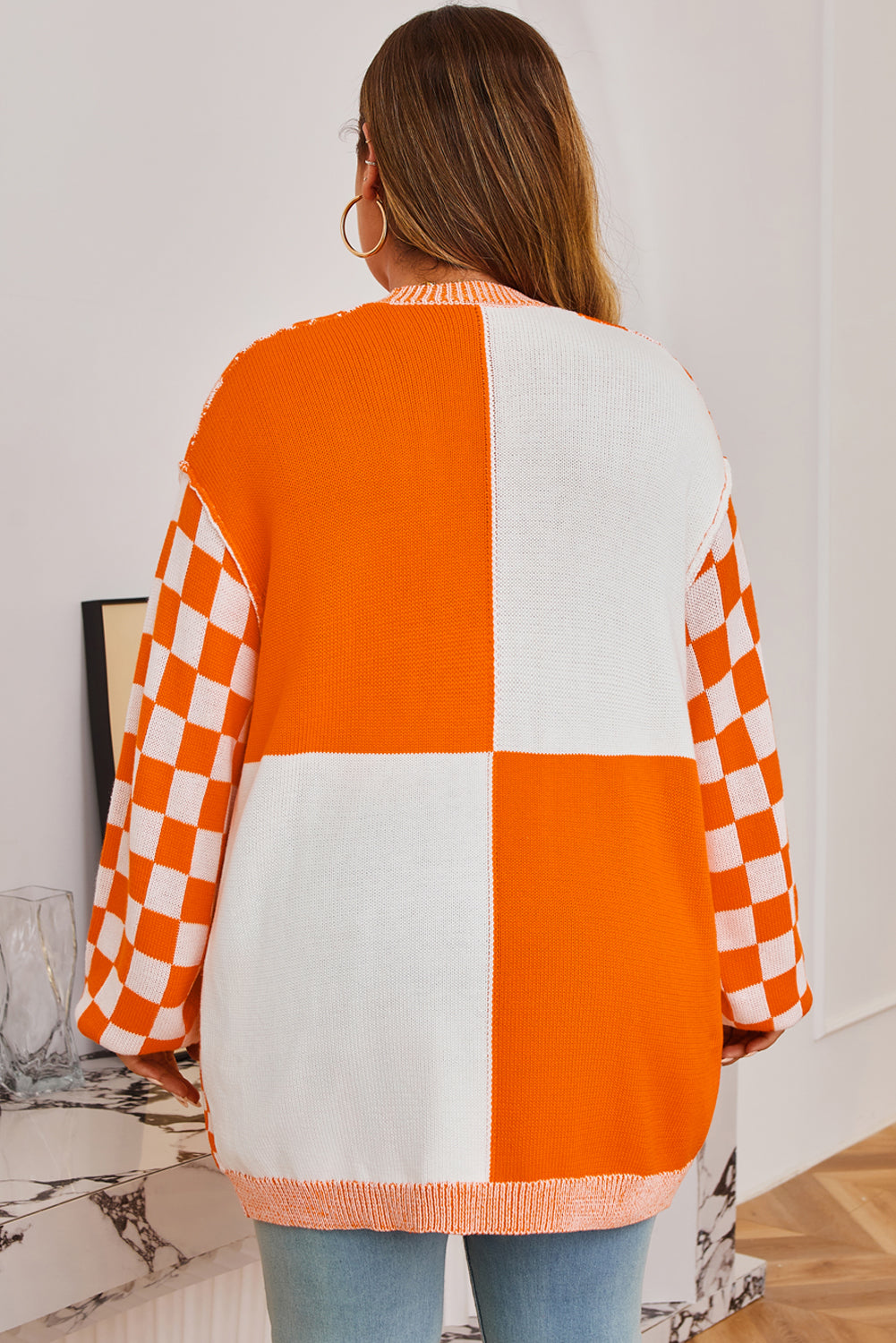 Black Checkered Plus Size Drop Shoulder Knit Cardigan