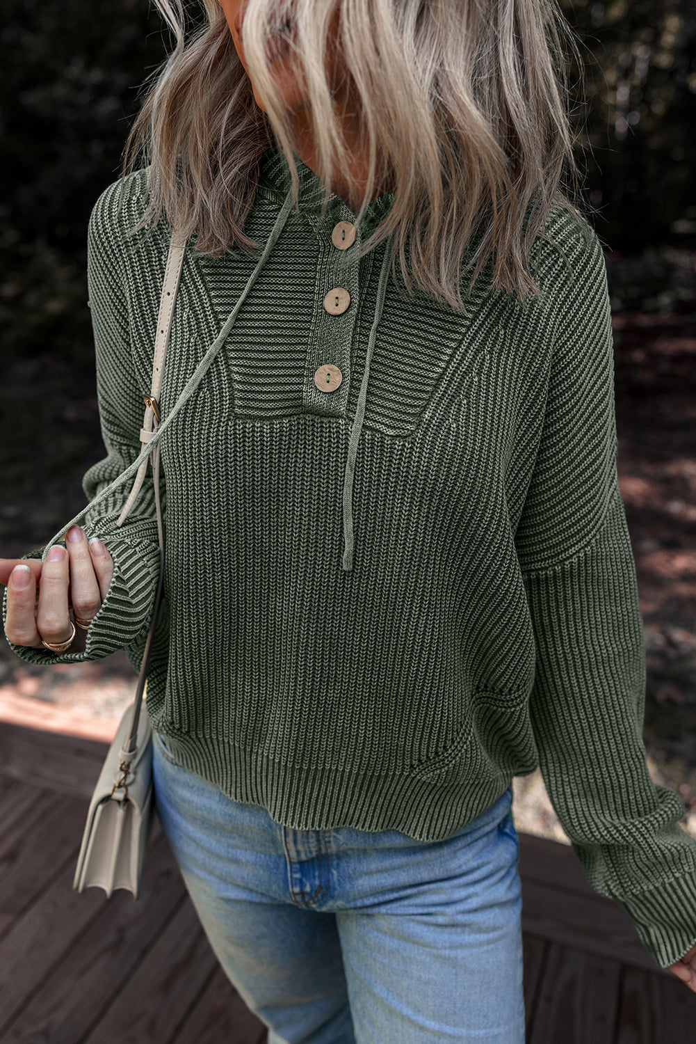 Mist Green Mineral Wash Ribbed Knit Drawstring Hooded Sweater