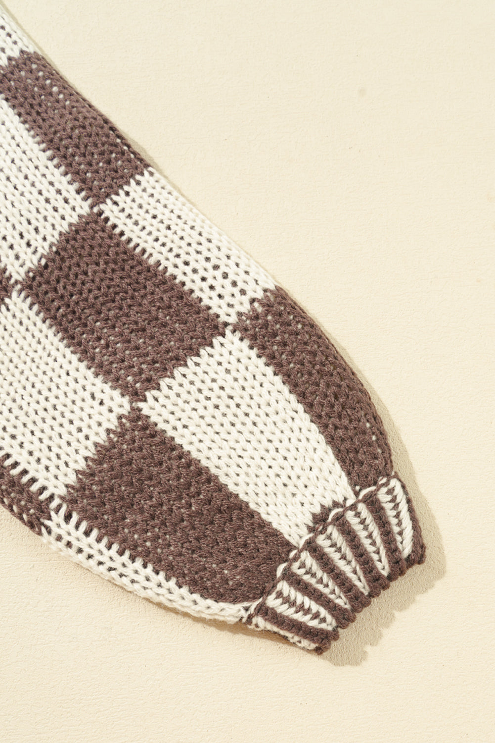 Dark Brown Colorblock Checked Loose Fit Open Front Knitted Cardigan