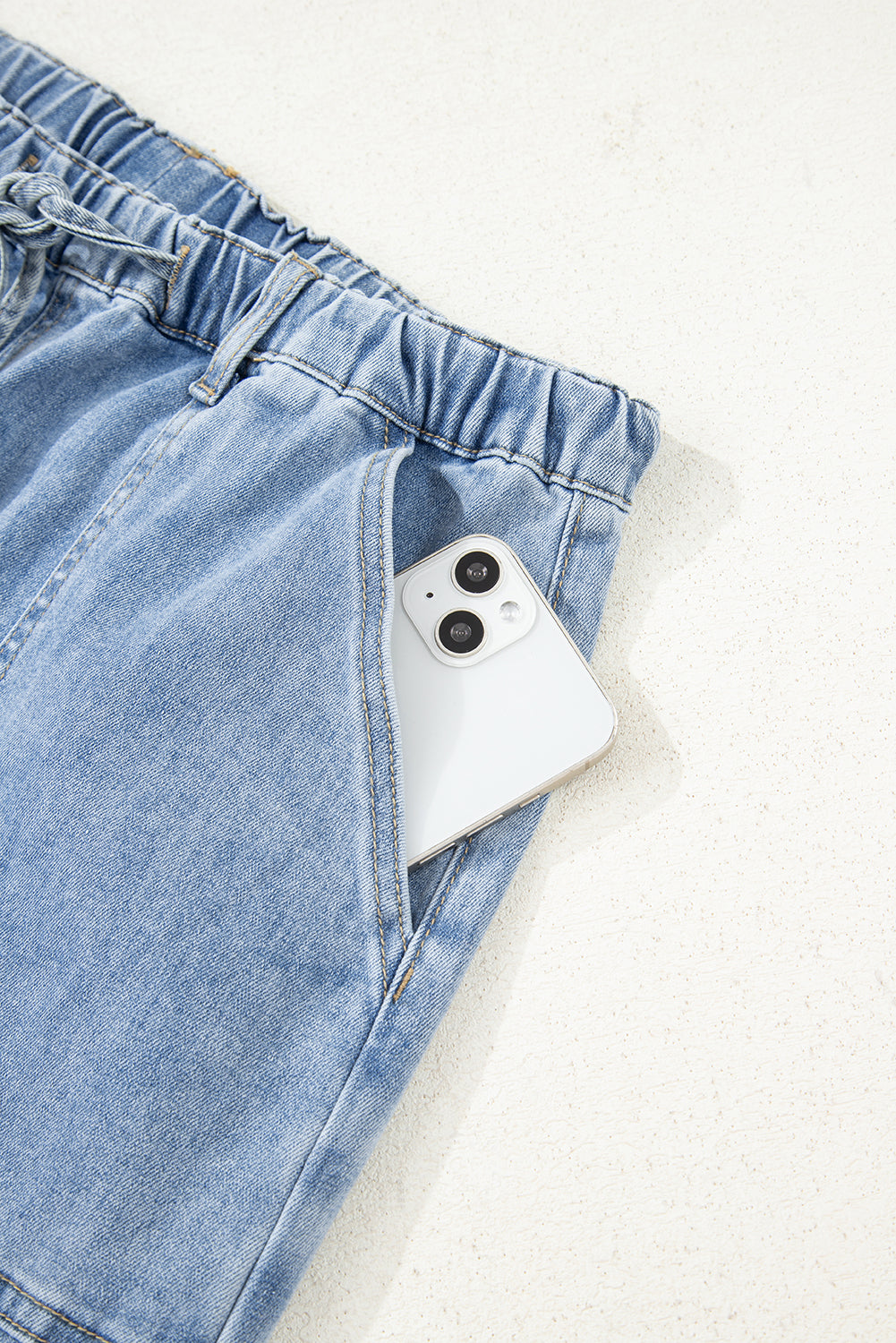 Gray Drawstring Seam Detail Raw Hem Wide Leg Jeans