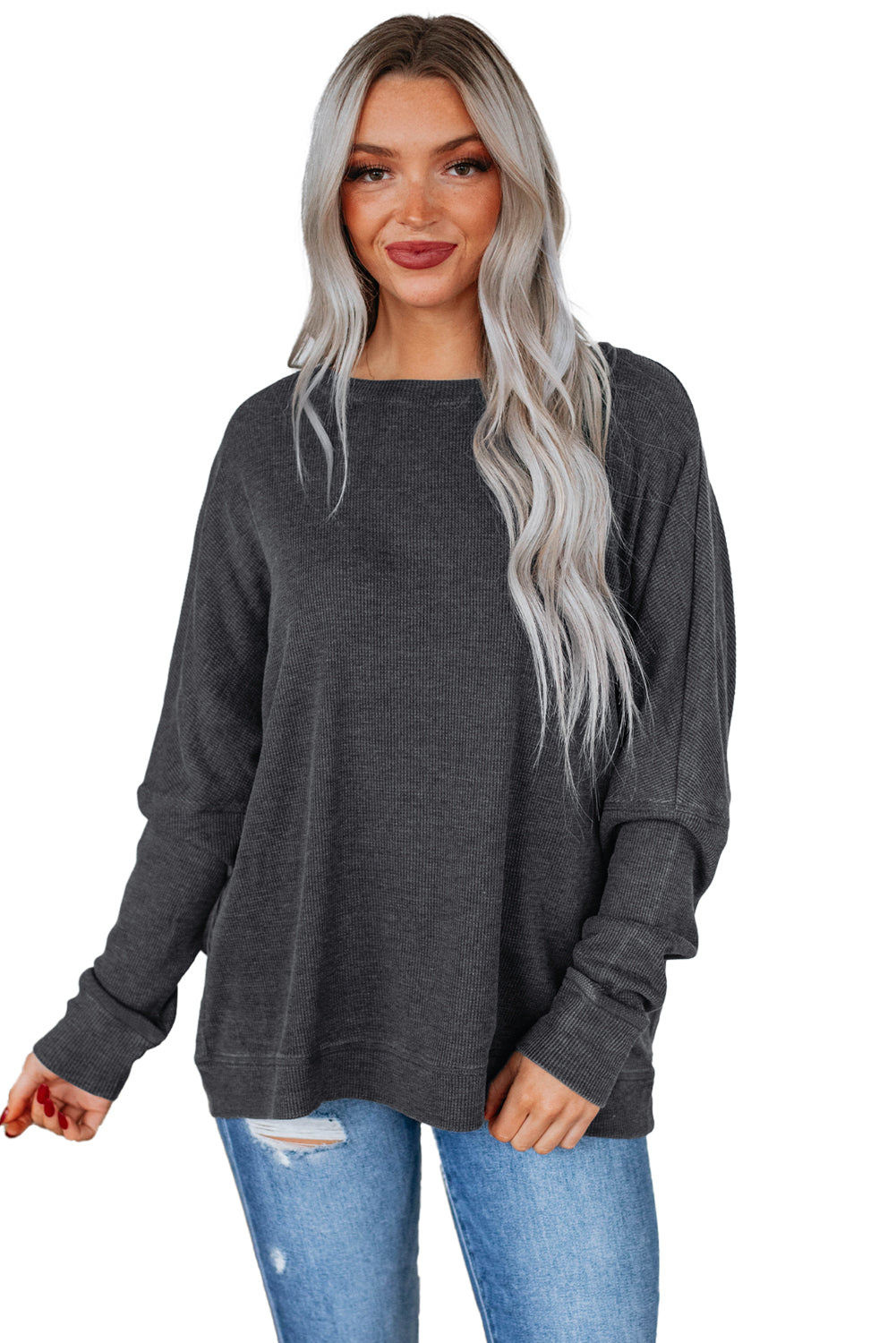 Bright Pink Ribbed Plain Long Sleeve Loose Top