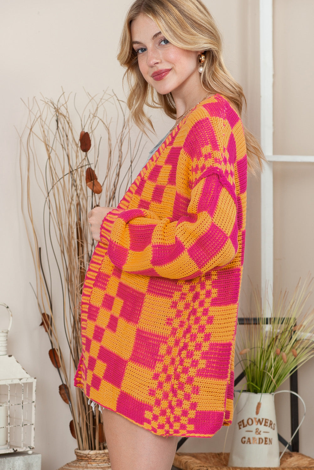 Dark Brown Colorblock Checked Loose Fit Open Front Knitted Cardigan