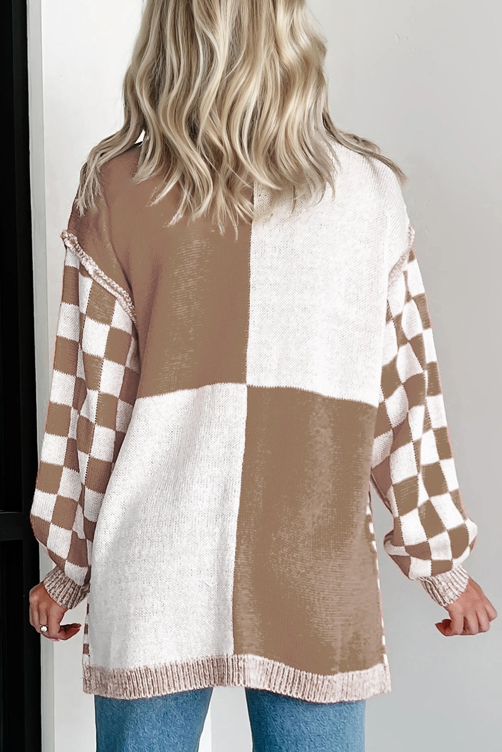 Black Checkered Plus Size Drop Shoulder Knit Cardigan