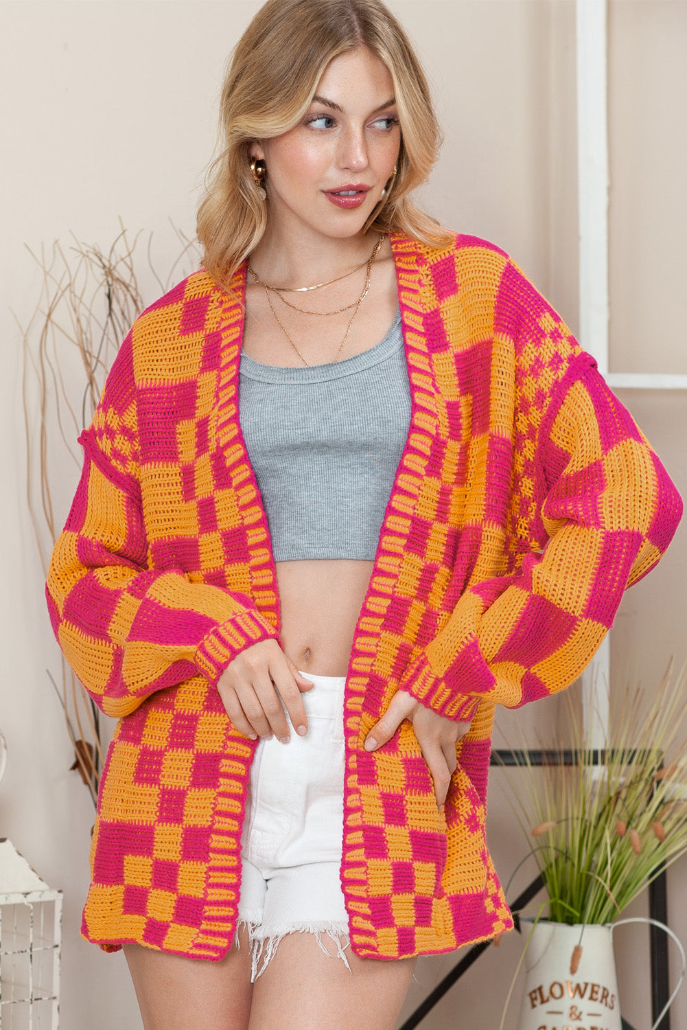 Dark Brown Colorblock Checked Loose Fit Open Front Knitted Cardigan
