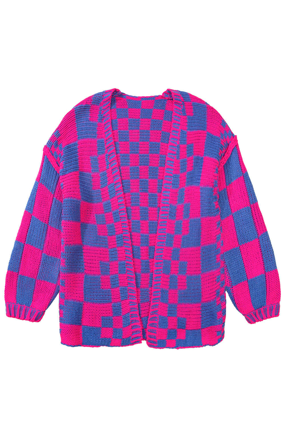 Dark Brown Colorblock Checked Loose Fit Open Front Knitted Cardigan