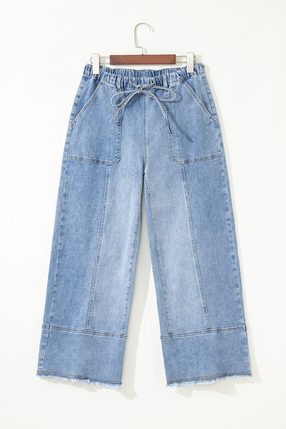 Gray Drawstring Seam Detail Raw Hem Wide Leg Jeans