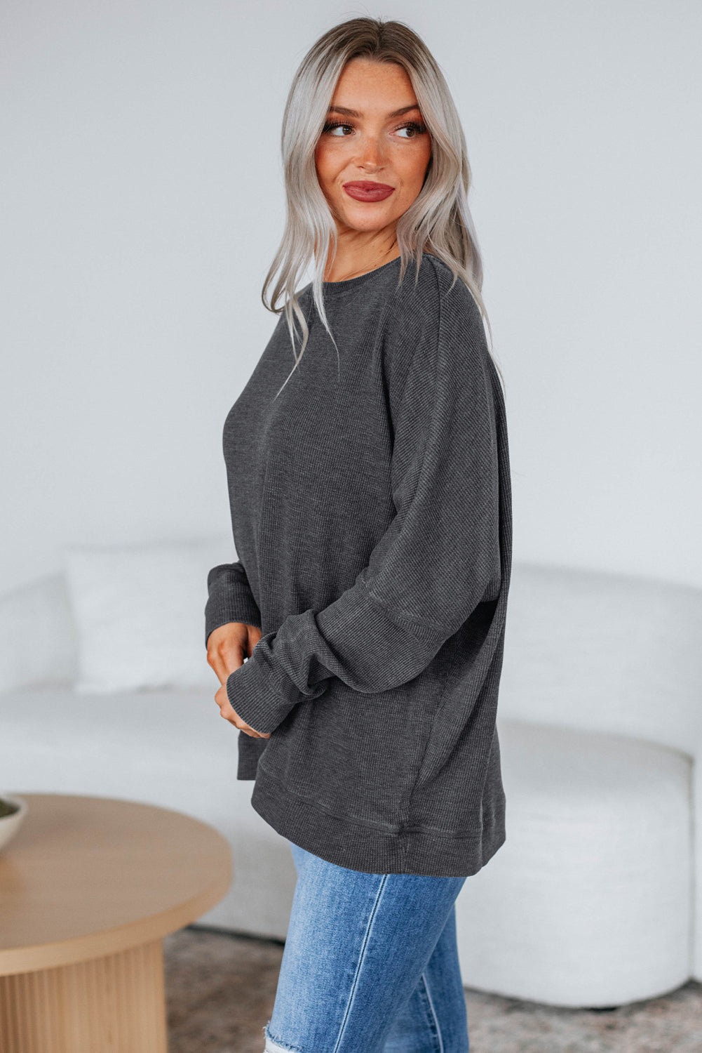 Bright Pink Ribbed Plain Long Sleeve Loose Top