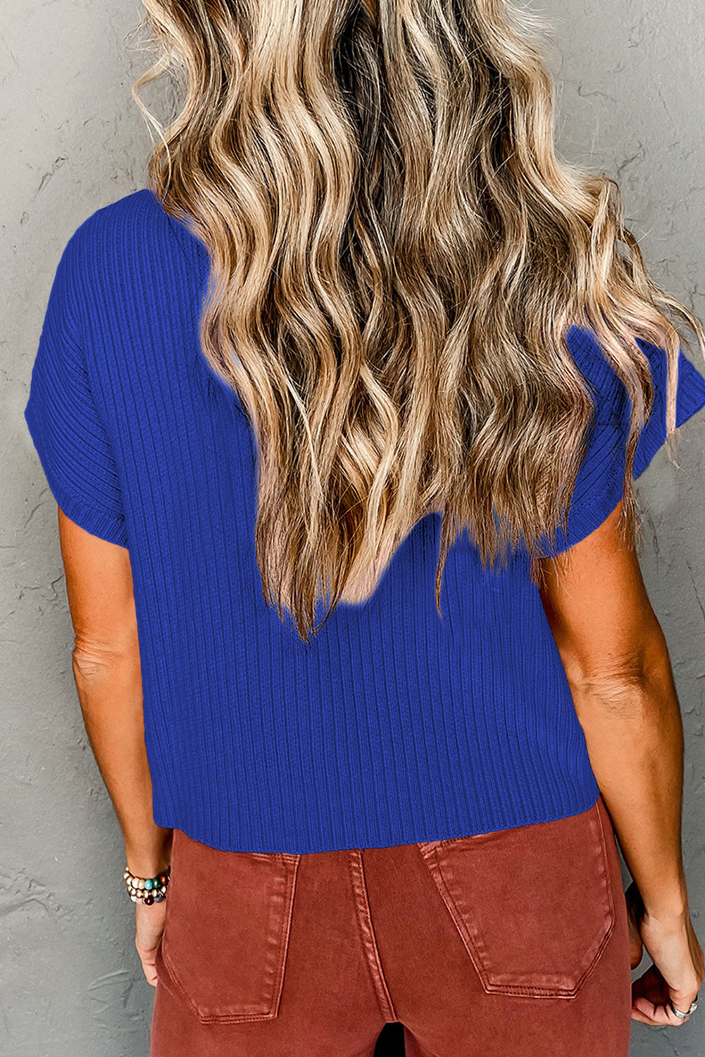 Black Patch Pocket Ribbed Knit Short Sleeve Sweater