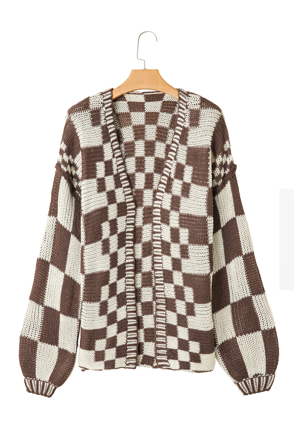 Dark Brown Colorblock Checked Loose Fit Open Front Knitted Cardigan