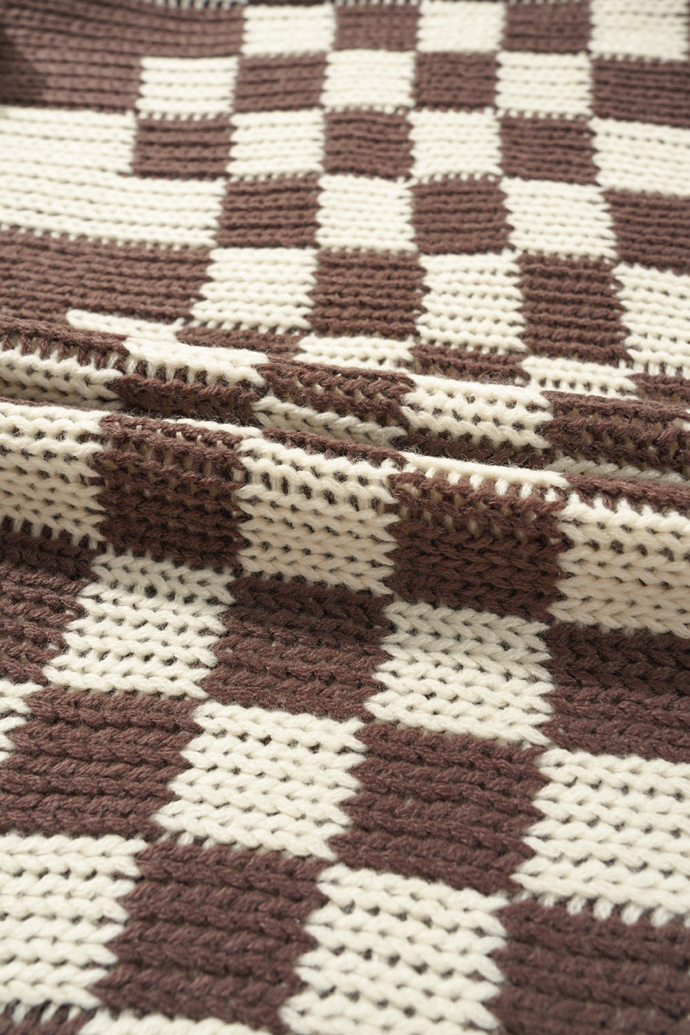 Dark Brown Colorblock Checked Loose Fit Open Front Knitted Cardigan