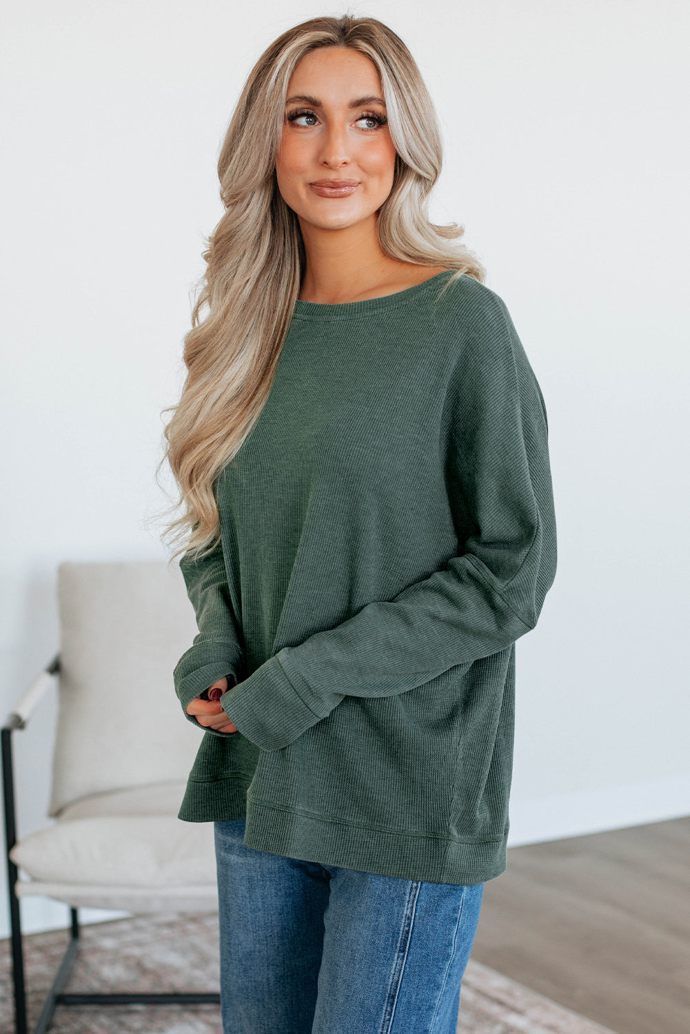 Bright Pink Ribbed Plain Long Sleeve Loose Top
