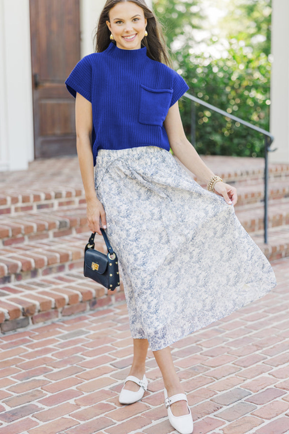 Black Patch Pocket Ribbed Knit Short Sleeve Sweater