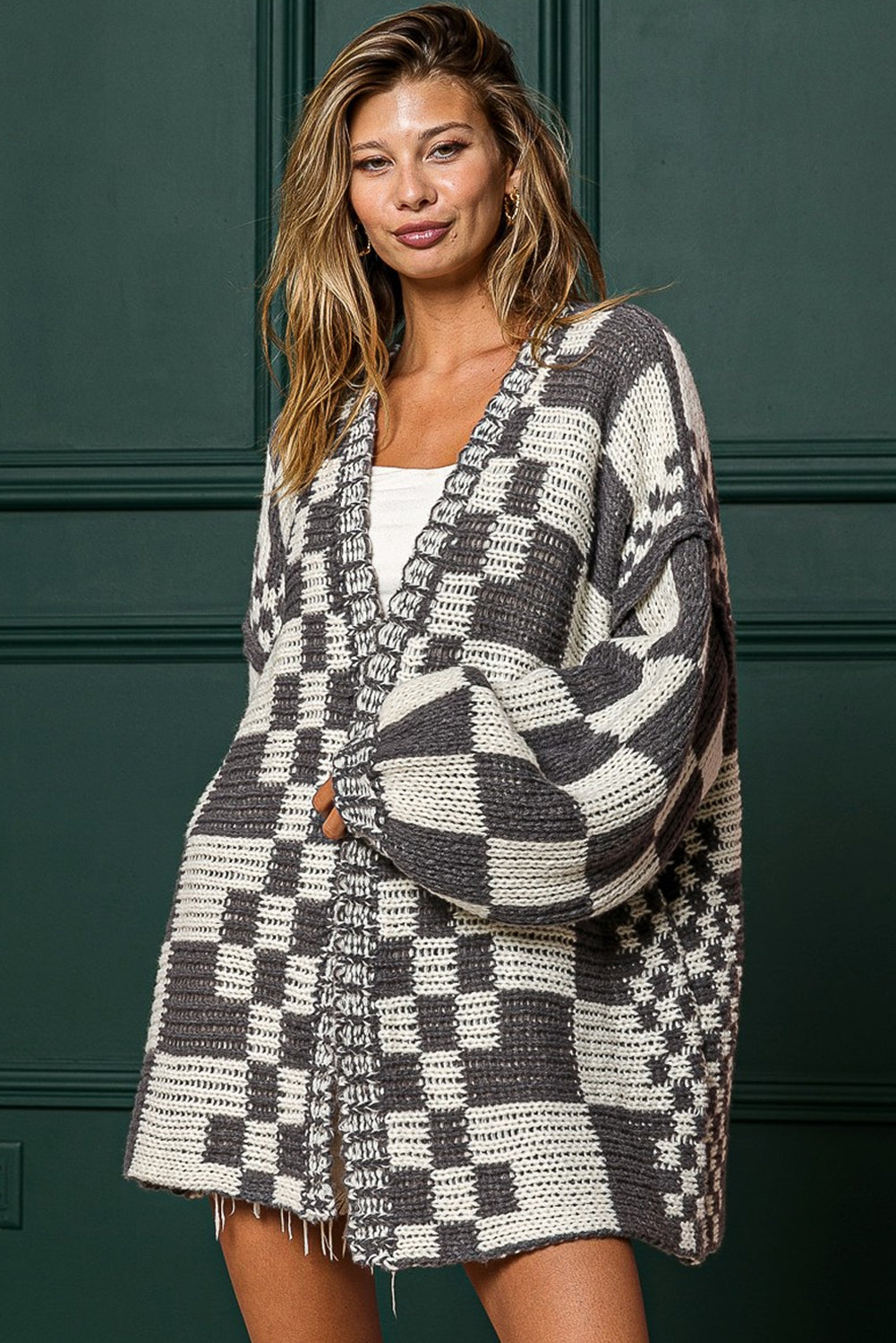 Dark Brown Colorblock Checked Loose Fit Open Front Knitted Cardigan