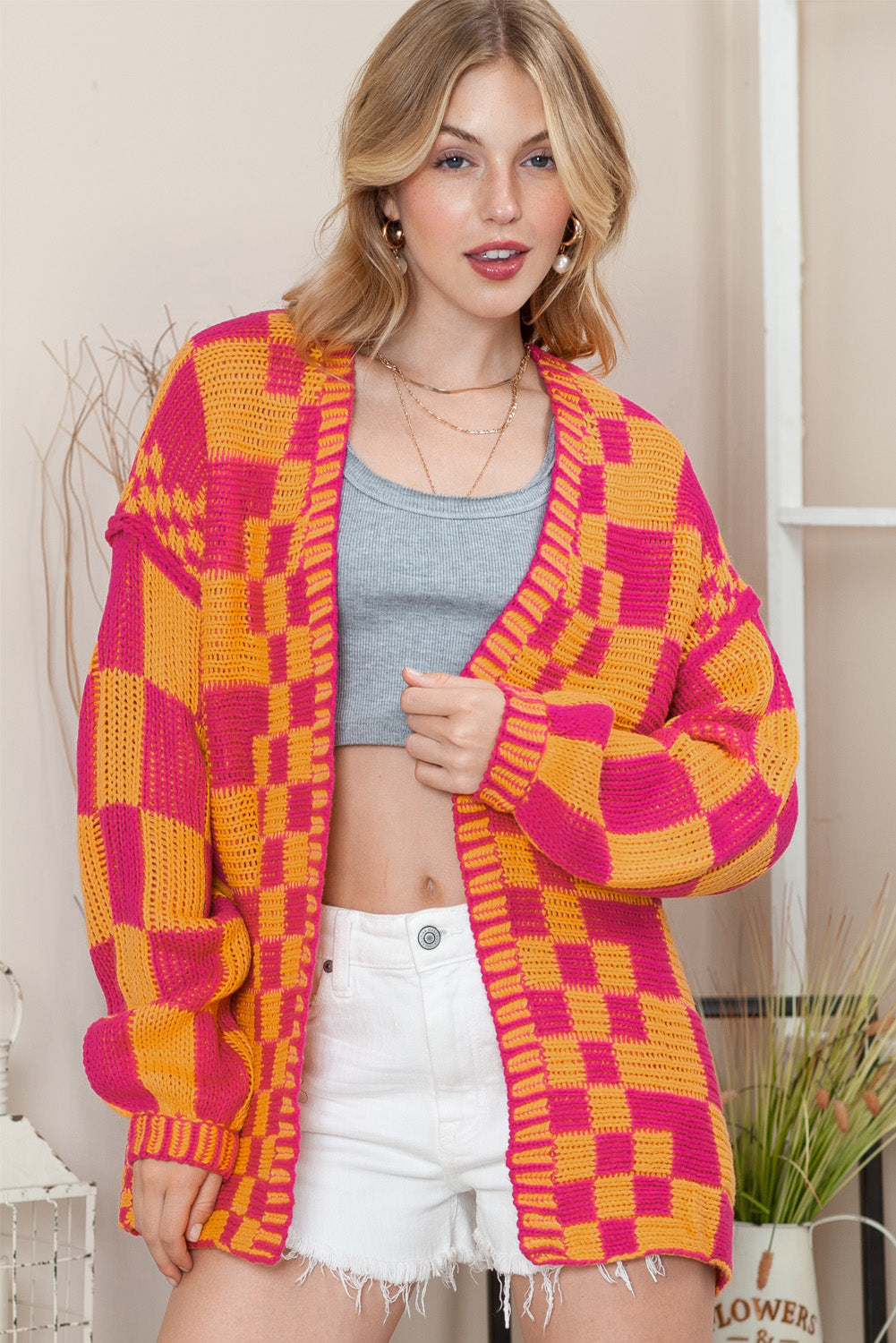 Dark Brown Colorblock Checked Loose Fit Open Front Knitted Cardigan