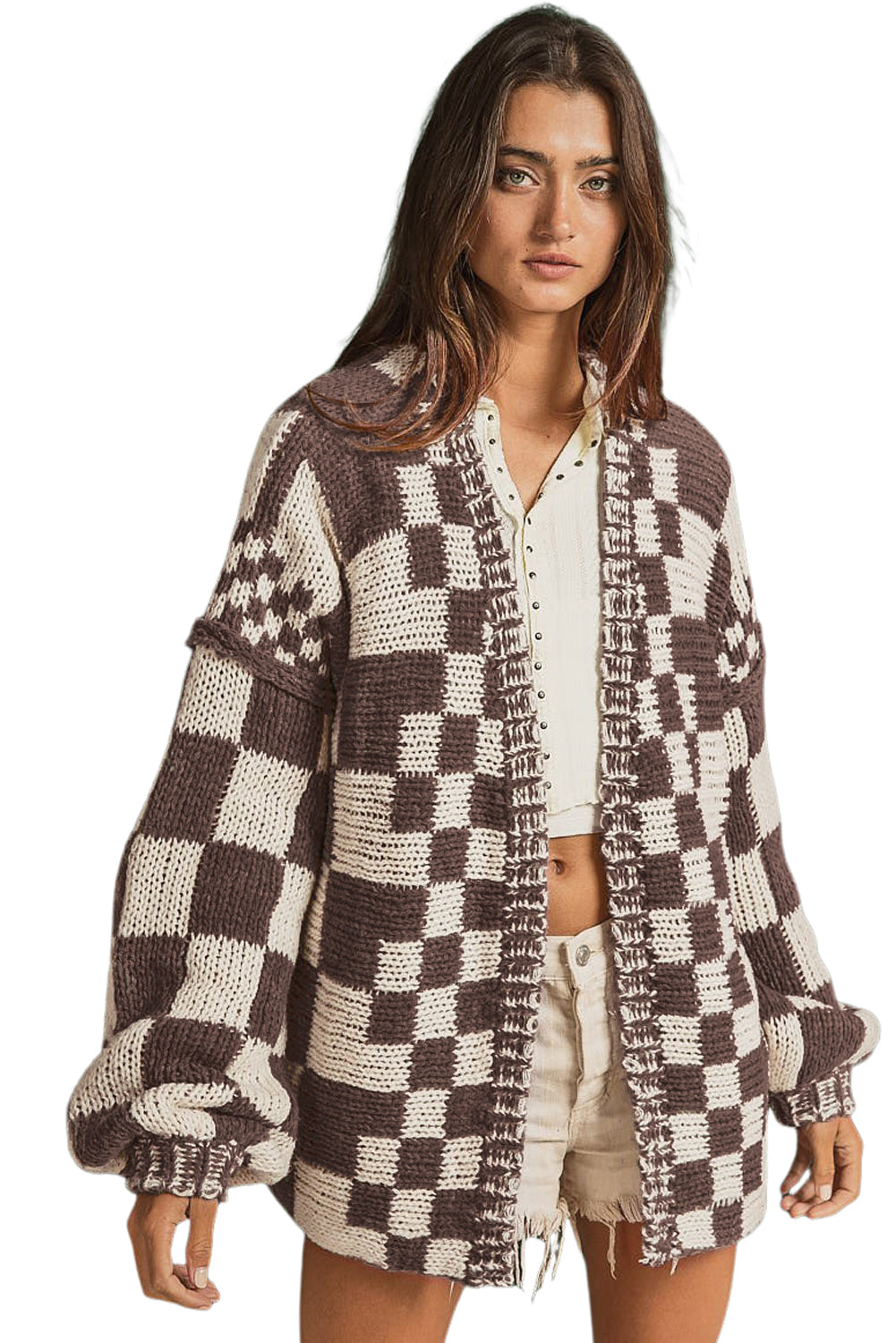Dark Brown Colorblock Checked Loose Fit Open Front Knitted Cardigan