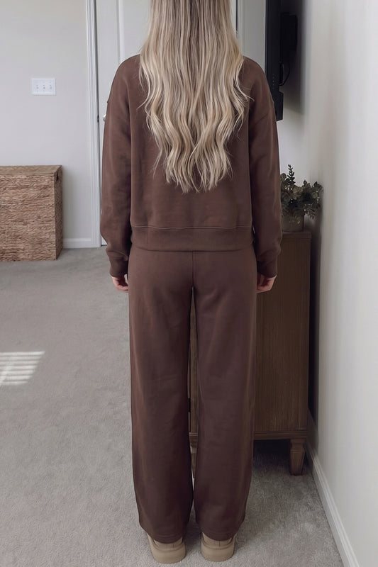 Coffee Solid Color Piping Trim Mock Neck Pullover Drawstring Pants Set