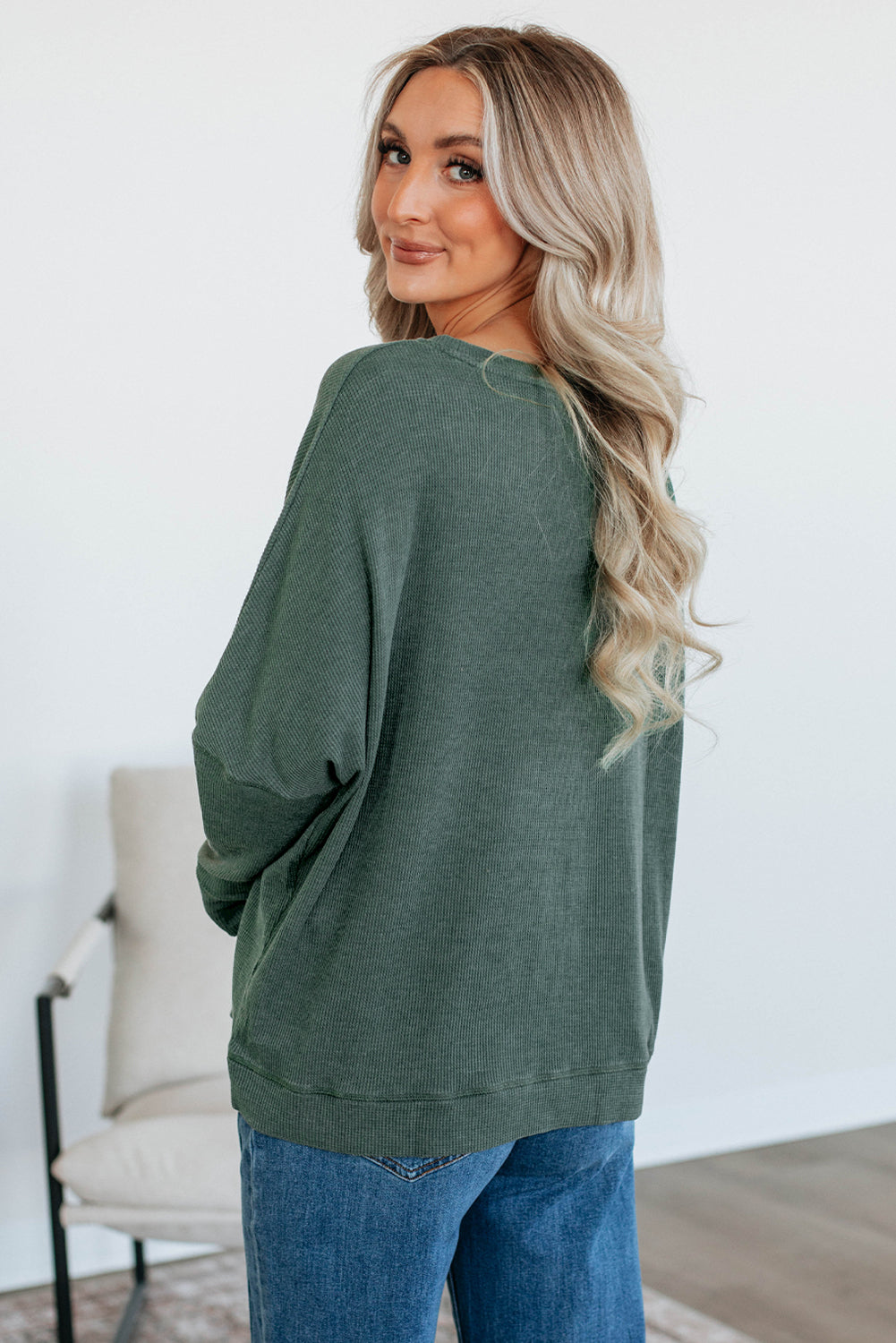 Bright Pink Ribbed Plain Long Sleeve Loose Top