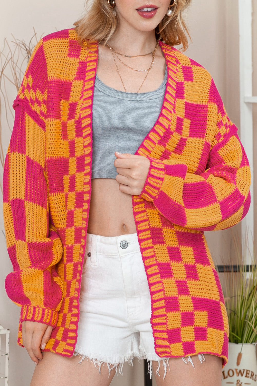 Dark Brown Colorblock Checked Loose Fit Open Front Knitted Cardigan