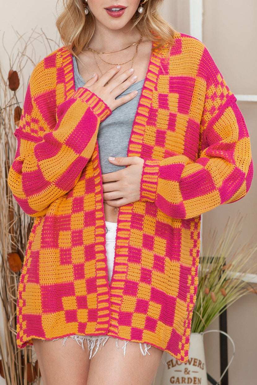 Dark Brown Colorblock Checked Loose Fit Open Front Knitted Cardigan