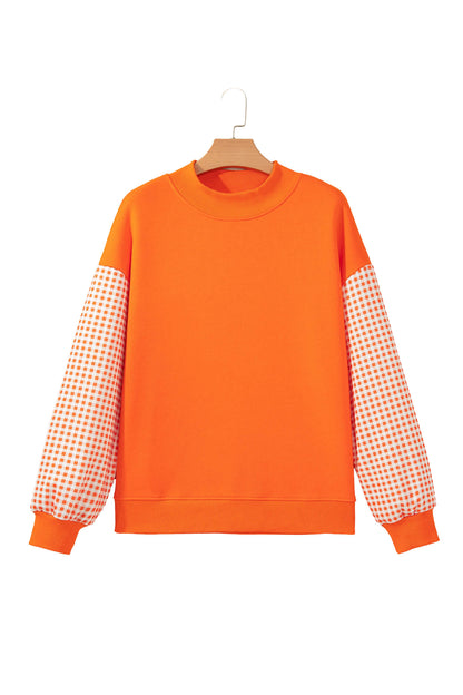 Coffee Plaid Sleeve Colorblock Loose Tunic Sweatshirt